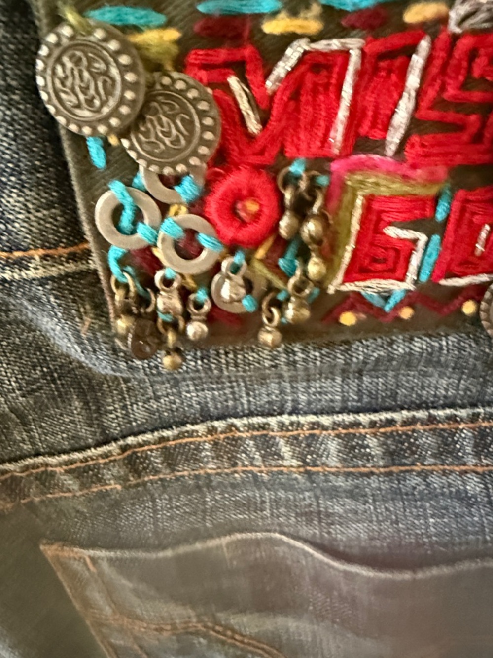 2K Miss Sixty Two-Tone Denim and Khaki A-Line Skirt with Embellished Accents Fun - Picture 4 of 6